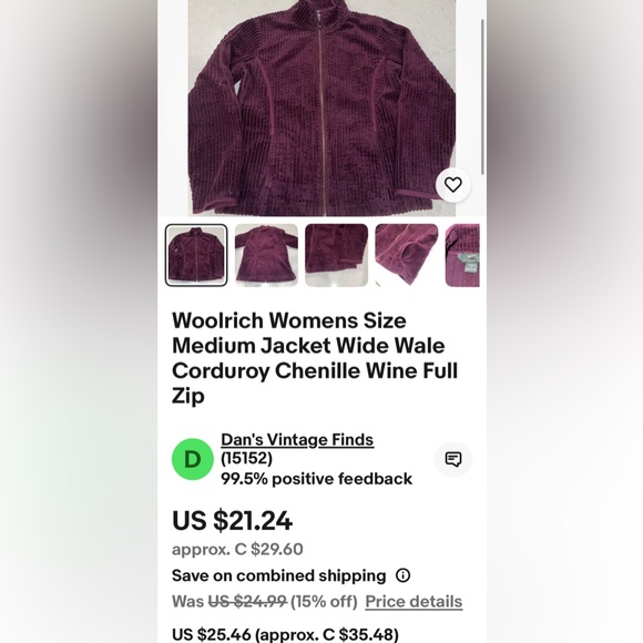 Women’s Woolrich Kinsdale Corduroy Burgundy Full Zip Jacket, Pockets! Size L - Picture 10 of 17